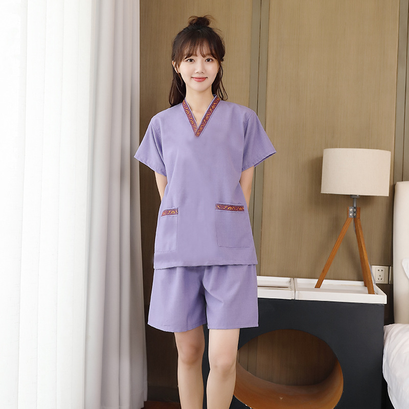 자수 칼라 공물 대마 짧은 여성 보라색