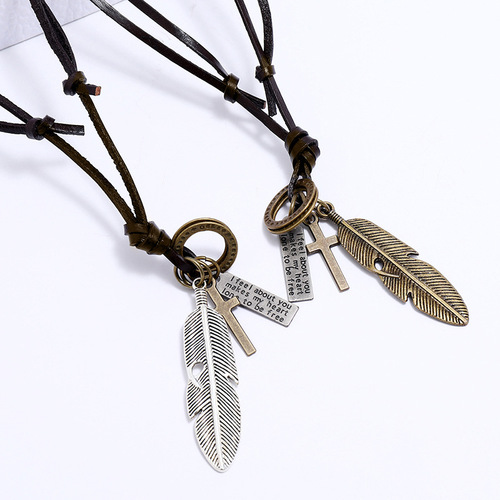 new accessories creative design feather cowhide necklace men fashion simple long collarbone chain