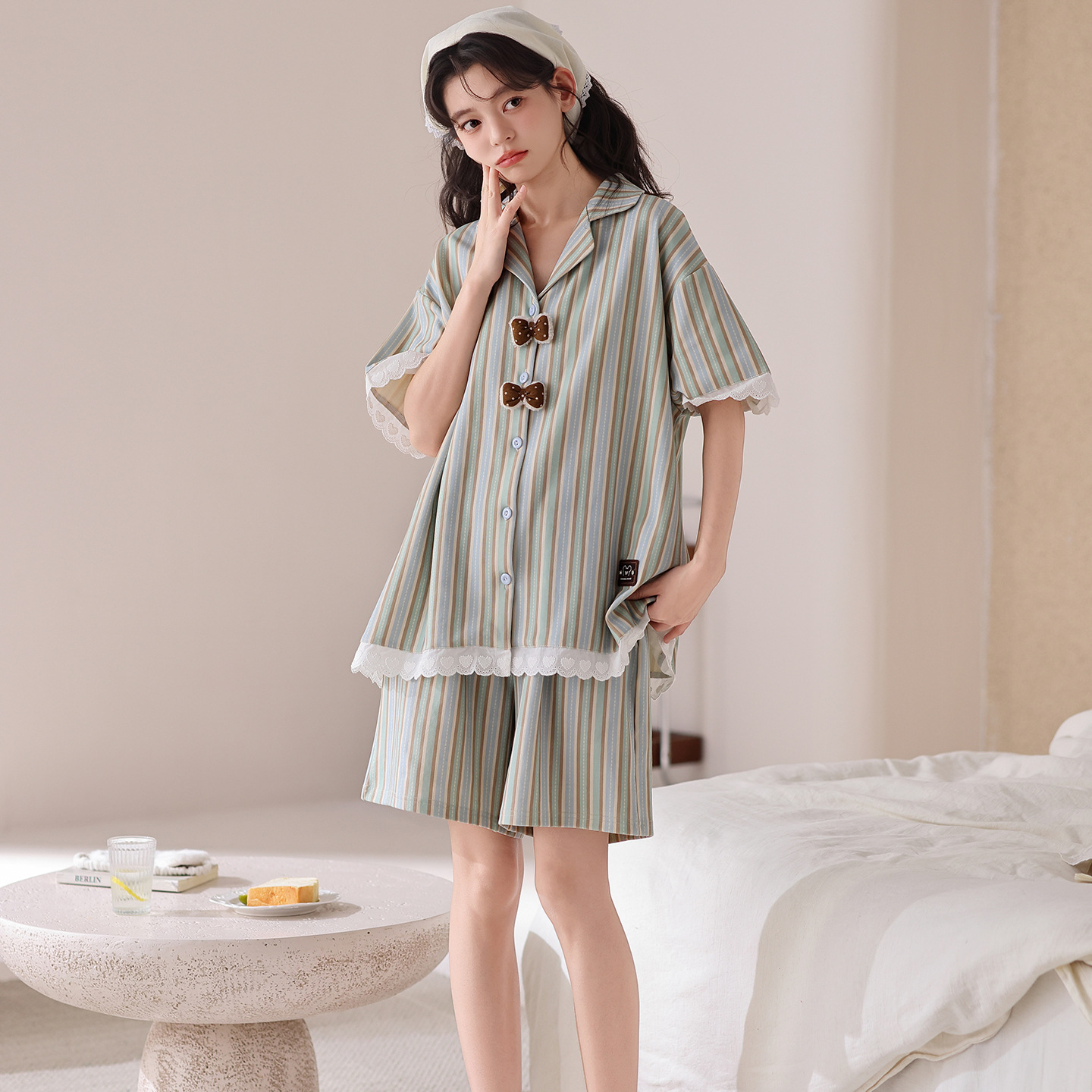 Princess-Style Lapel Cardigan Pure Cotton Pajamas for Women, Summer Short-Sleeved Shorts That Can Be Worn Outside, Sweet and Loose Casual Home Set