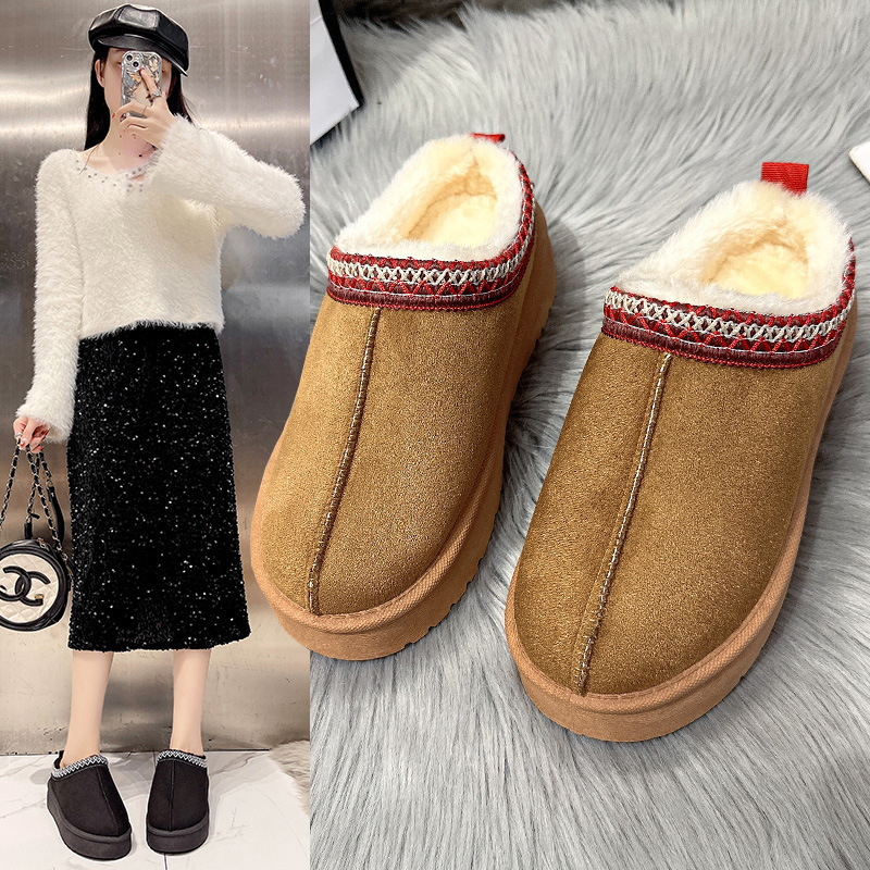 Winter Trendy Plush Cotton Shoes with Thick Soles for Indoor and Outdoor Use, Low Half-Heel Women's Cotton Slippers, Wholesale, Can Be Worn Outside