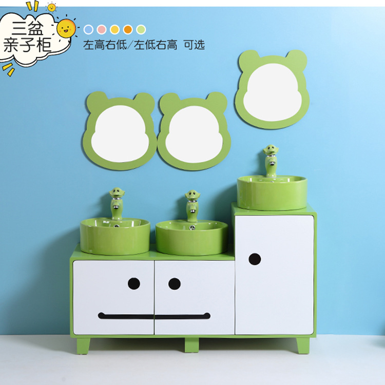 Kindergarten niños lavabo gabinete combinación doble lavabo cerámica dibujos animados lindo color baño lavabo mesa de lavado