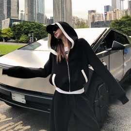 跨境 美式运动服套装秋季大码开衫连帽卫衣阔腿裤两件套胖mm200斤