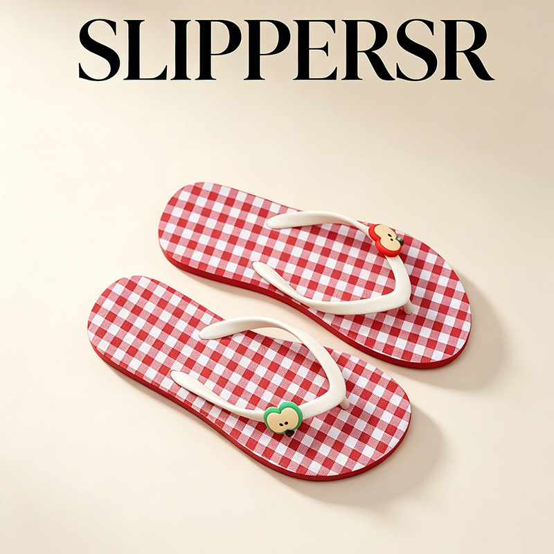 Cute summer beach vacation flip-flops for women, ins-style color-blocking plaid red apple flip-flops Cute summer beach vacation flip-flops for women, ins-style color-blocking plaid red apple flip-flops