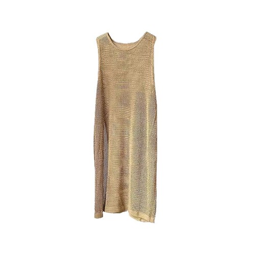 Summer Solid-Color Layered Outerwear, Hollowed Mid-Length Knitted Split Design, Versatile & Loose-Fit Sleeveless Fashion Top for Women