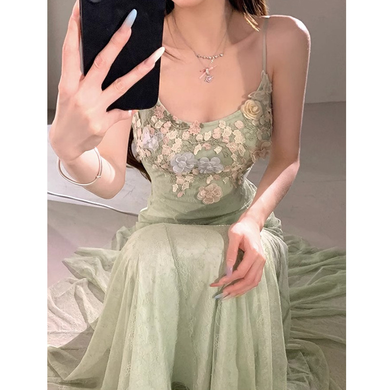 Mint Mambo Green Sling dress Women's Summer French Fishtail Dress Beautiful Holiday Long Dress 2025 Summer New