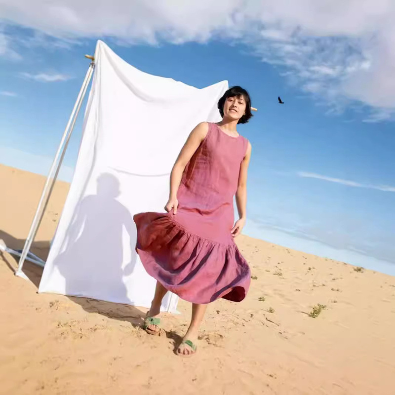 European and American Foreign Trade Loose Pocket Solid Color Long Dress Washed Soft Cotton Linen Casual Sleeveless Round Neck dress Women's Clothing