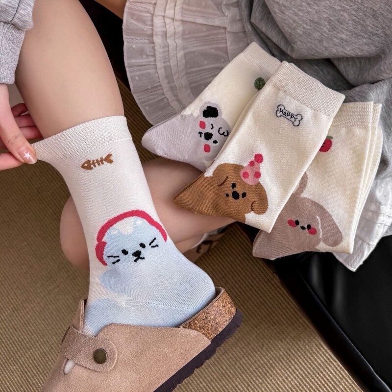 Cartoon Puppy Socks Women's Spring and Summer Cute All-match Animal Illustration Summer Students Korean-style Boneless Socks Piled Socks