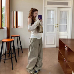 美式辣妹不规则露肩T恤女2025年秋季小个子百搭阔腿长裤两件套装