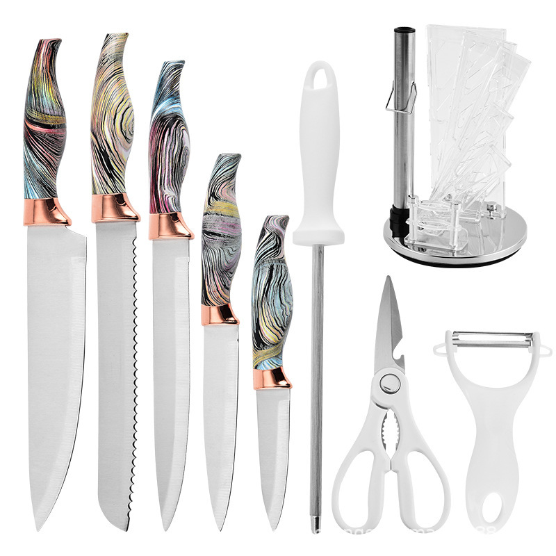 Fabricantes de cuchillos de cocina al por mayor juego de 9 piezas mango de sirena con soporte de cuchillo acrílico utensilios de cocina de acero inoxidable juego de regalo