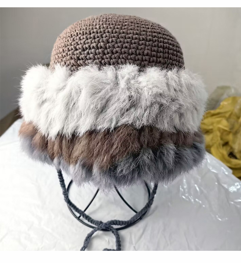 Cappello lavorato a maglia in pelo di coniglio per donna in autunno inverno, cappello in lana calda patchwork, versione coreana, peluche dolce e carino_voghion.com