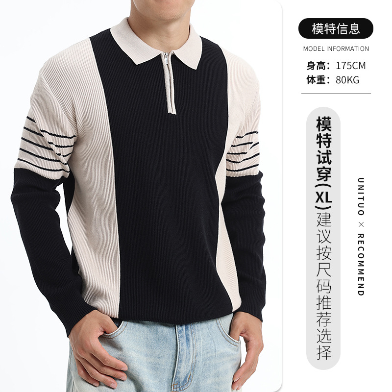 Cross-border hombre otoño invierno medio cremallera suéter de solapa hombre de negocios ocio rayas contraste polo suéter de punto