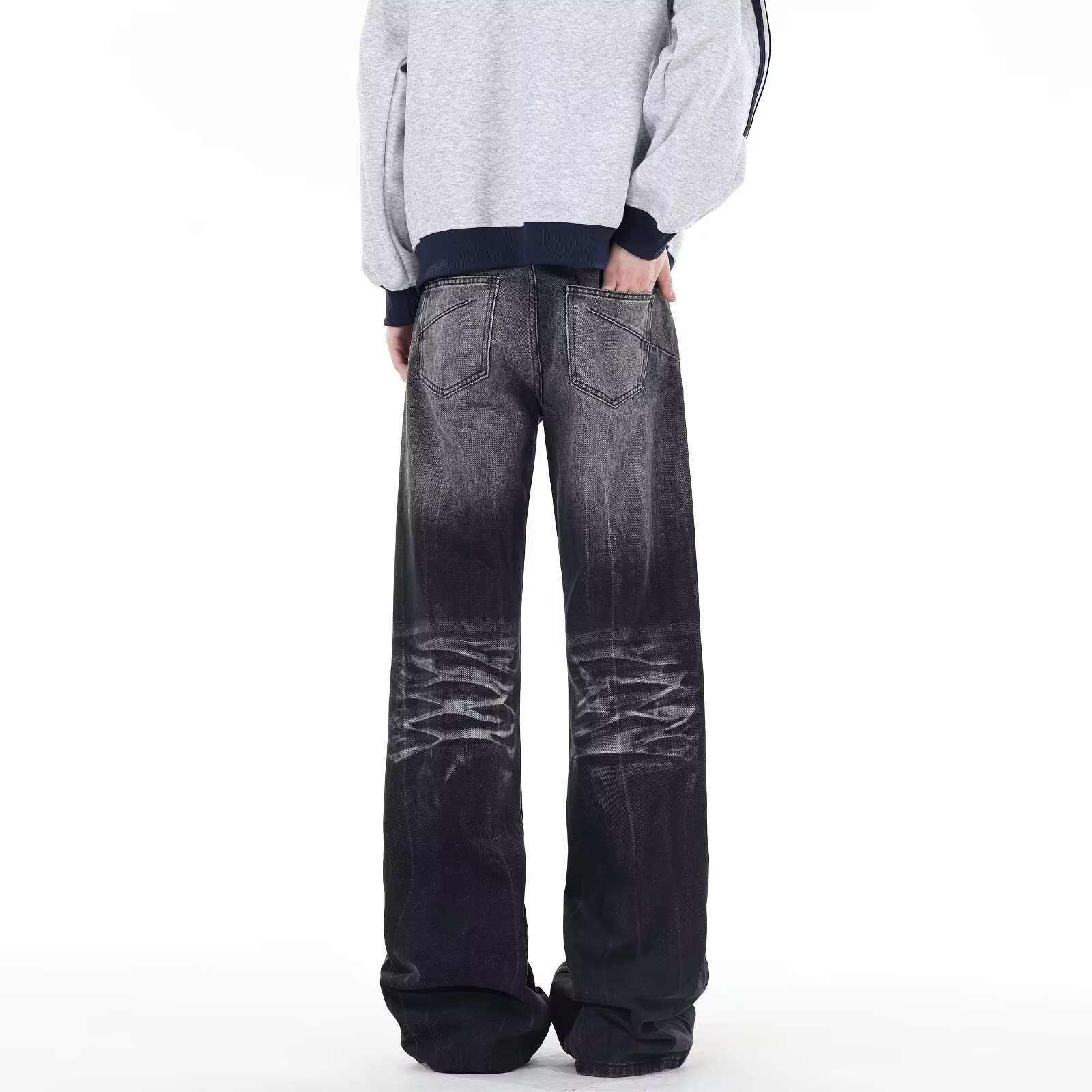 Men's Washed Black Bootcut Jeans Vintage Distressed Denim Pants_voghion.com