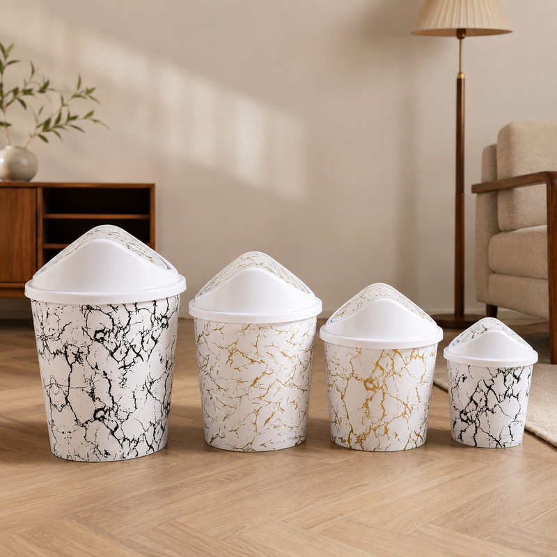 Marble-patterned flip-top plastic trash can, high aesthetic value for home use, suitable for living room, kitchen, and bathroom, with a lid, round shape