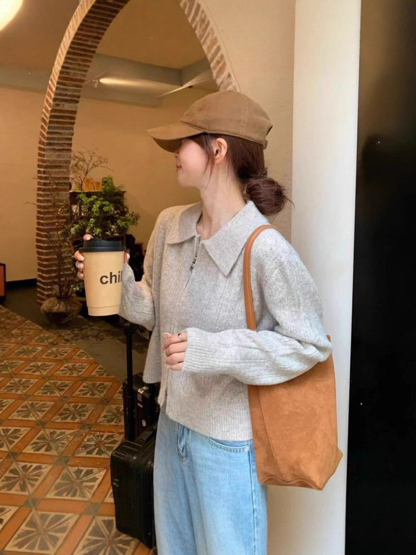 法式黄色翻领长袖毛衣外套女2025早秋新款双拉链设计针织开衫上衣|undefined