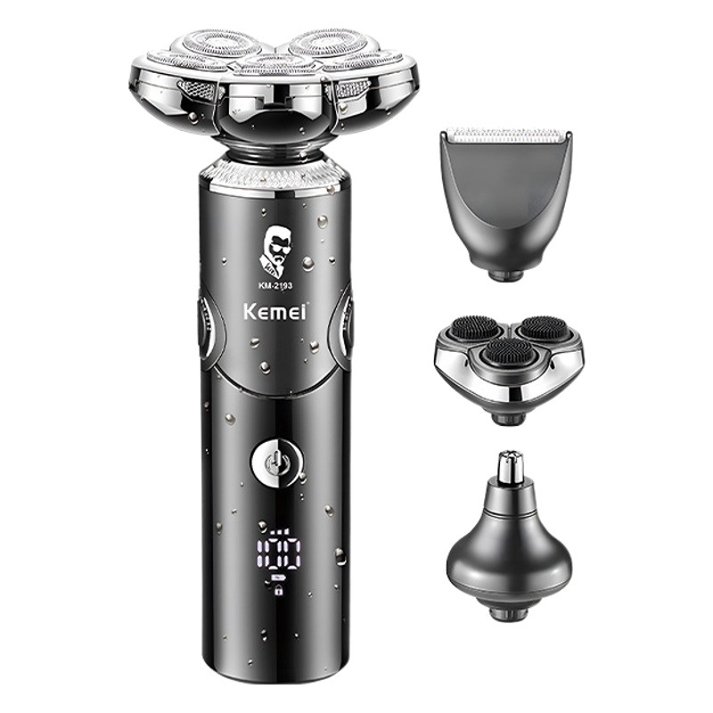 Afeitadora eléctrica Kemei KM-2193, afeitadora multifuncional cuatro en uno con pantalla digital, recortadora de barba lavable