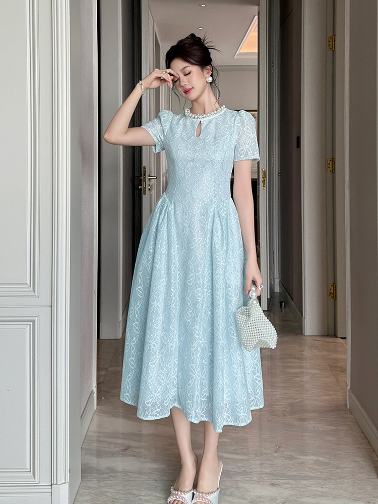 Đầm ren maxi nữ thắt eo tay ngắn dáng dài thiết kế thanh lịch — Màu mơ, Màu xanh nước biển