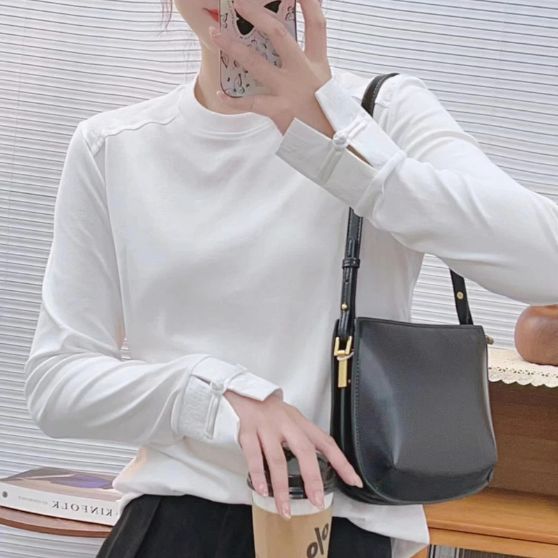 Chinese-Style Round Neck Base Shirt for Women Versatile and Flattering 2025 New Autumn Trendy Long-Sleeve T-Shirt with Fashionable Patchwork Top