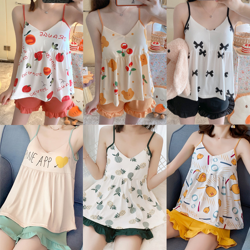Pajamas with Breast Pads and Suspenders for Women Summer Sexy Thin Korean Style Girls Cute Cartoon Home Clothes Set Wholesale