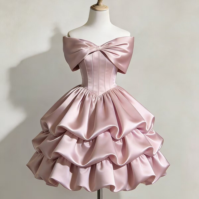 European and American Cross-Border Evening Dress 2026 New Style Off-Shoulder Satin Bow Puff Skirt Short Waist-Cinching Design Suitable for Daily Wear