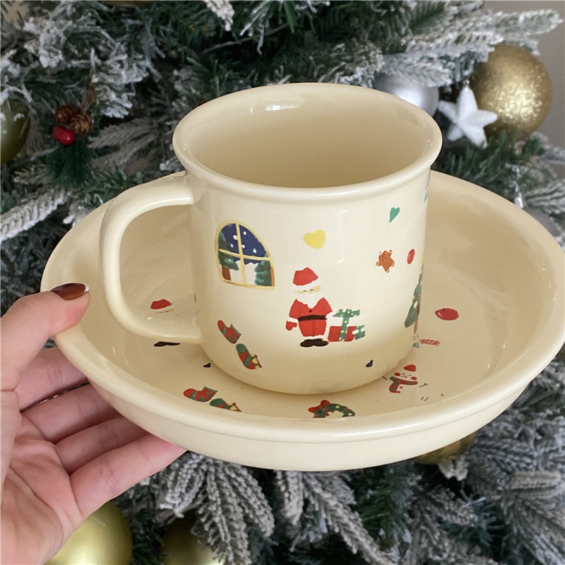 クリスマス限定! かわいいクリーム落書きクリスマス陶磁器カップデザート皿セットマグカップクリスマス装飾プレゼント|undefined