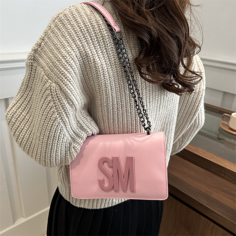 Bolso de mujer de moda versátil, bolso cuadrado de textura, bolso de hombro casual, bolso de cinturón amplio, bolso de letras de mujer