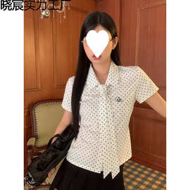 2025春夏季短袖复古宽松衬衣韩版显瘦翻领单排扣系带波点衬衫上衣