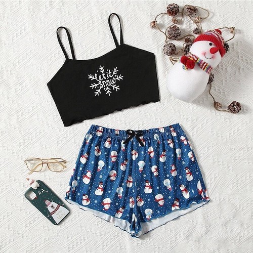 Women's Summer Christmas Pajamas: Strappy Vest and Shorts Set with Snowflakes and Little Deer—Two-Piece Home Wear in European and American Style