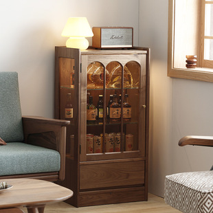 Nordic retro small wine cabinet black walnut TV low cabinet solid wood sofa side cabinet tea set storage display cabinet