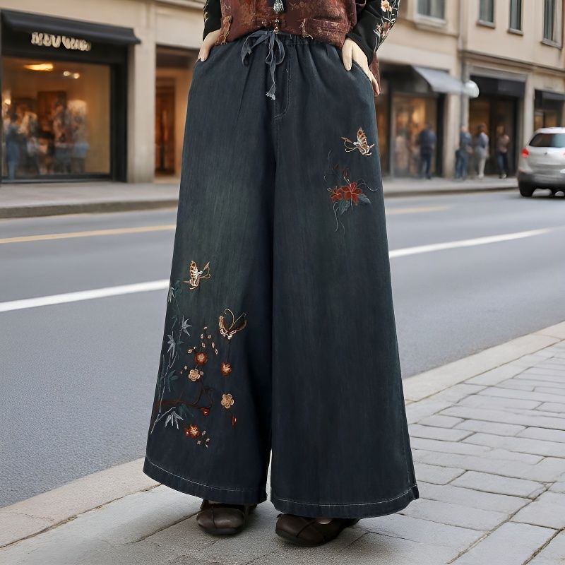 Spring 2026 Heavy-Duty Layered Ethnic Style Outerwear Jeans with Embroidery, Wide-Leg Jeans, Plus-Size, Loose and Stylish