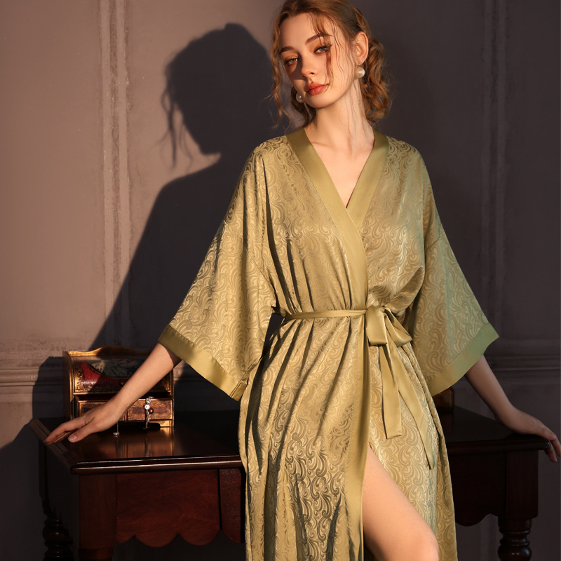 Jacquard Nightgown Women's Spring and Autum Long Bathrobe Bath Skirt Ice Silk High-End Satin Home Wear Single Robe Can Be Worn Outside