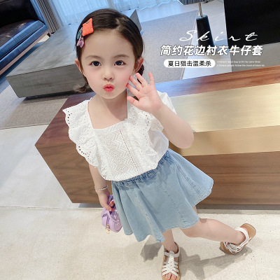 Girls of summer suit 2021 new pattern Children shirt Denim Skirt girl Two piece set baby lace shirt