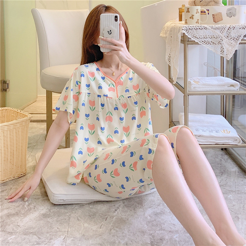 New Short-sleeved Cotton Silk Pajamas Women's Summer Western Style Student Air-conditioned Home Clothes Mother's Sweet Cotton Silk suit Thin