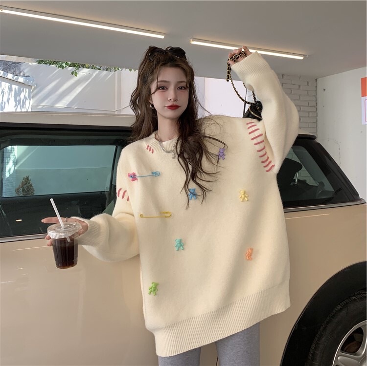 Korean Style Lazy Style Pin Bear Large Size Sweater Women's 2022 Autumn and Winter New Arrival Rope Loose Soft Waxy Knitted Top