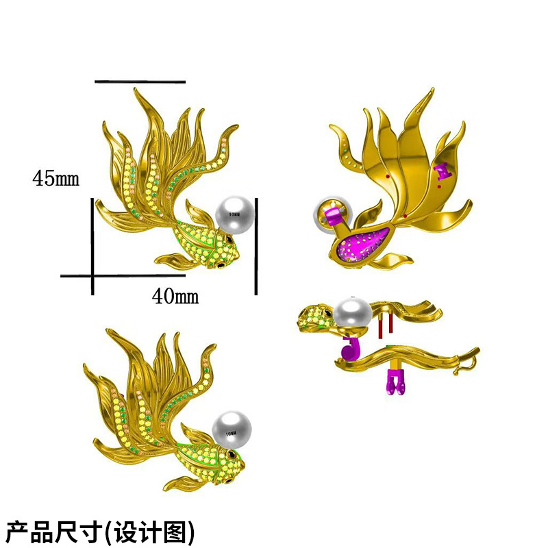 DIY accessories Chinese style koi goldfish brooch enamel copper gold-plated zircon pin pearl corsage empty holder