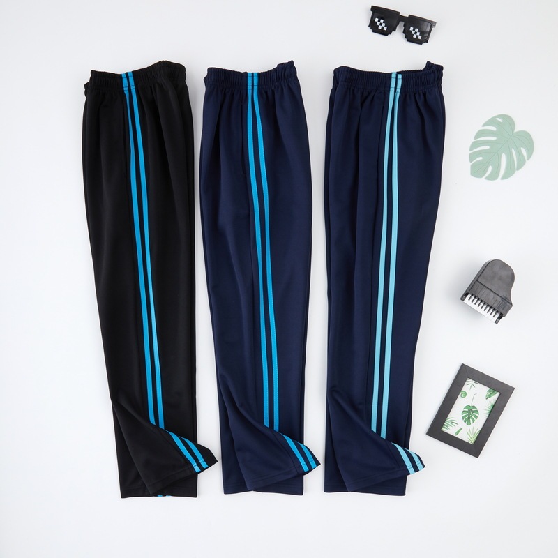 Light Blue Two-Stripe School Uniform Pants for Middle and High School Students, Spring and Summer Sports Pants, Children's Straight-Leg Pants with Dark Blue Stripes, Durable Light Blue Two-Stripe School Uniform Pants for Middle and High School Students, Spring and Summer Sports Pants, Children's Straight-Leg Pants with Dark Blue Stripes, Durable