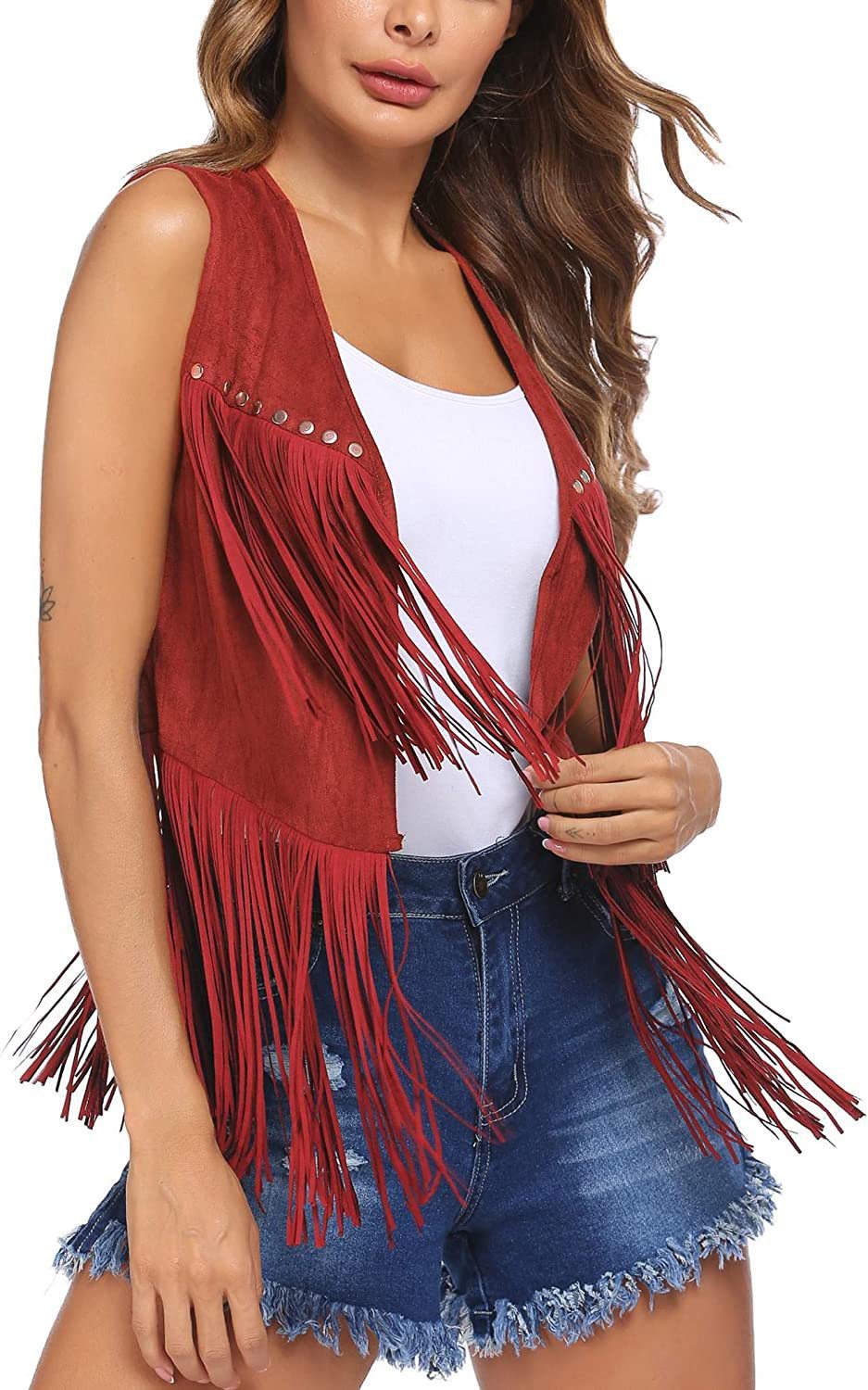 Cappotto da donna con frange in pelle di daino in velluto sbottonato di media lunghezza_voghion.com