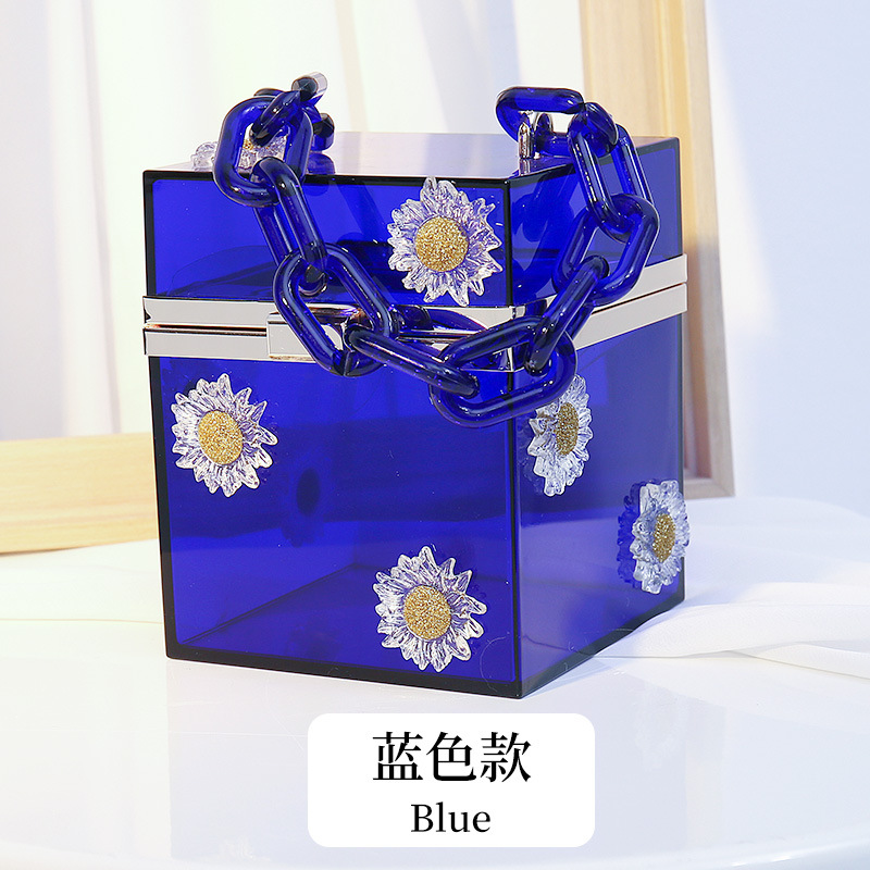 Creativo nuevo Margarita acrílico cadena de las mujeres caja cuadrada moda todo partido bolso transparente oblicuo bolso transfronterizo
