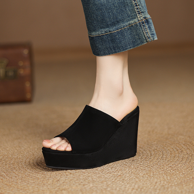 Sandal cao gót đế xuồng nữ hở mũi quai ngang gót 10 cm — Đen [da cừu]