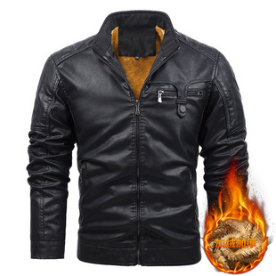 Cross-border Foreign Trade Leather Clothing Men's European Size Autumn and Winter Velvet Warm Casual Jacket PU Leather Vertical Collar Motorcycle Fashion Men's Clothing