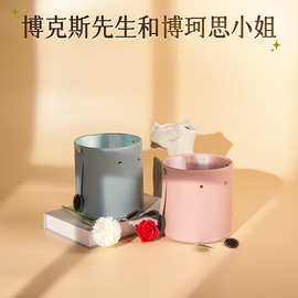 圆形皮质手提鲜花花艺抱抱桶伴手礼宝宝宴礼品空盒情人节生日礼盒