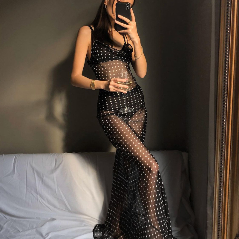 Abito lungo sexy da donna in mesh con allacciatura sulla schiena_voghion.com