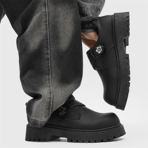 Large Sole Men's Spring Casual Retro Thick Heel Elevator Derby Shoes Formal British Style Black Wide Foot Trendy Shoes