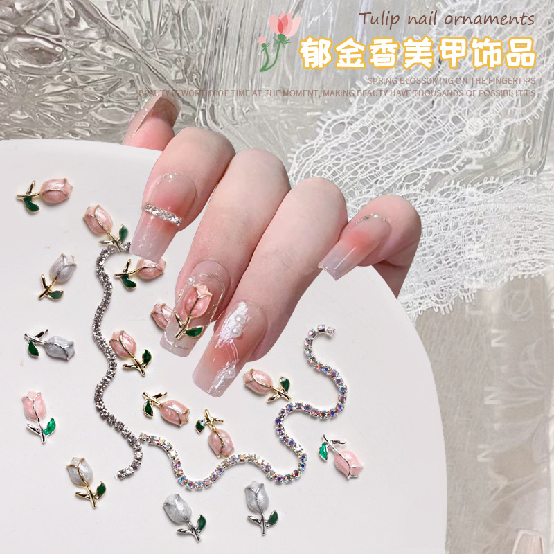 Nueva luz estilo de lujo manicura tulipán joyería metal textura cadena neto rojo uñas flor joyería diamante tarjeta