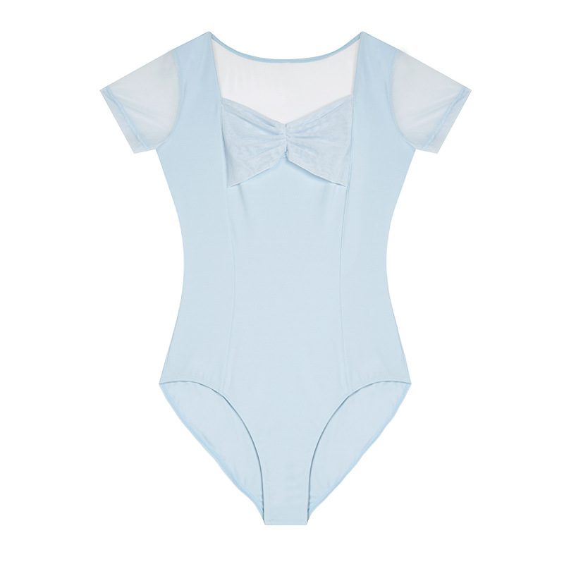Ropa de baile ropa de práctica de verano de las mujeres de manga corta de nylon de malla plisada mono Ballet entrenamiento básico bailando ropa de cuerpo