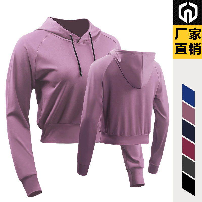 Casual de manga larga con capucha suéter expuesto ombligo ropa de entrenamiento de las mujeres al aire libre correr yoga deportes ropa delgada F8077