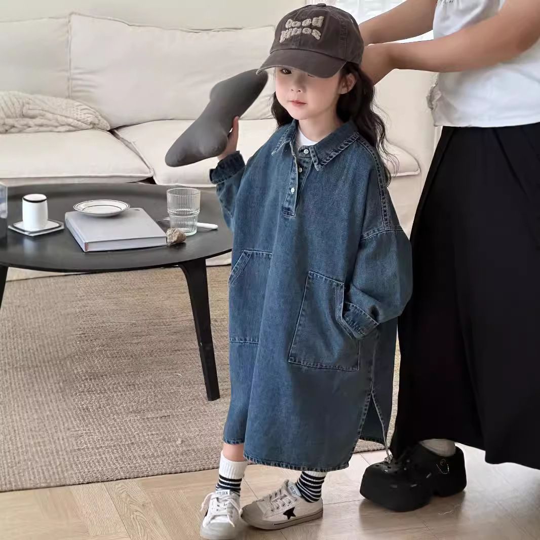 Korean children's clothing for girls, collared long-sleeve denim dress, 2026 autumn new stylish pullover vintage dress for toddlers