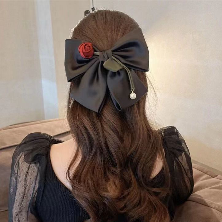 Amado rosa ~ arco negro gran adornos para el cabello 2023 nuevo temperamento de alta gama clip de cabello de mujer detrás de la cabeza clip resorte