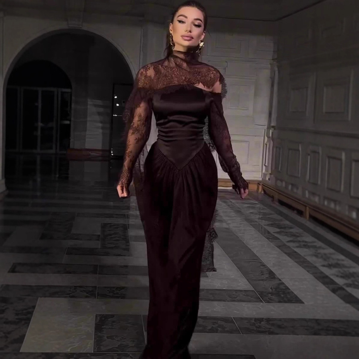 亚马逊欧美跨境2025年秋季新款高贵典雅长袖长裙华丽礼服连衣裙女