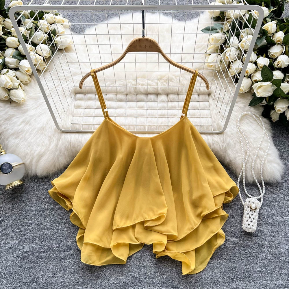 Off-shoulder Ruffled Chiffon Blouse, Double-Layer Sleeveless, 2022 Summer, One Size