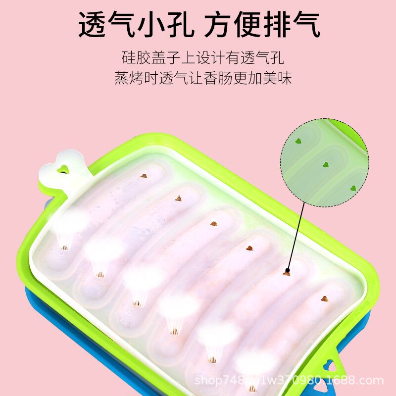 Fuente de fábrica de 6 piezas de silicona molde de salchicha con tapa herramientas de suplemento de alimentos para bebés al vapor molde de salchicha casera
